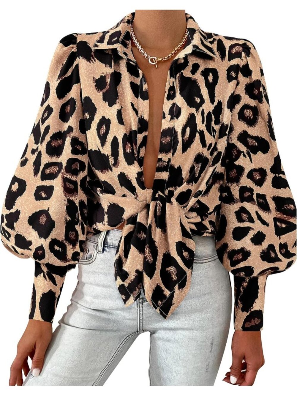 Long Sleeve Button Down Blouse Relaxed Fit V Neck Bell Sleeve